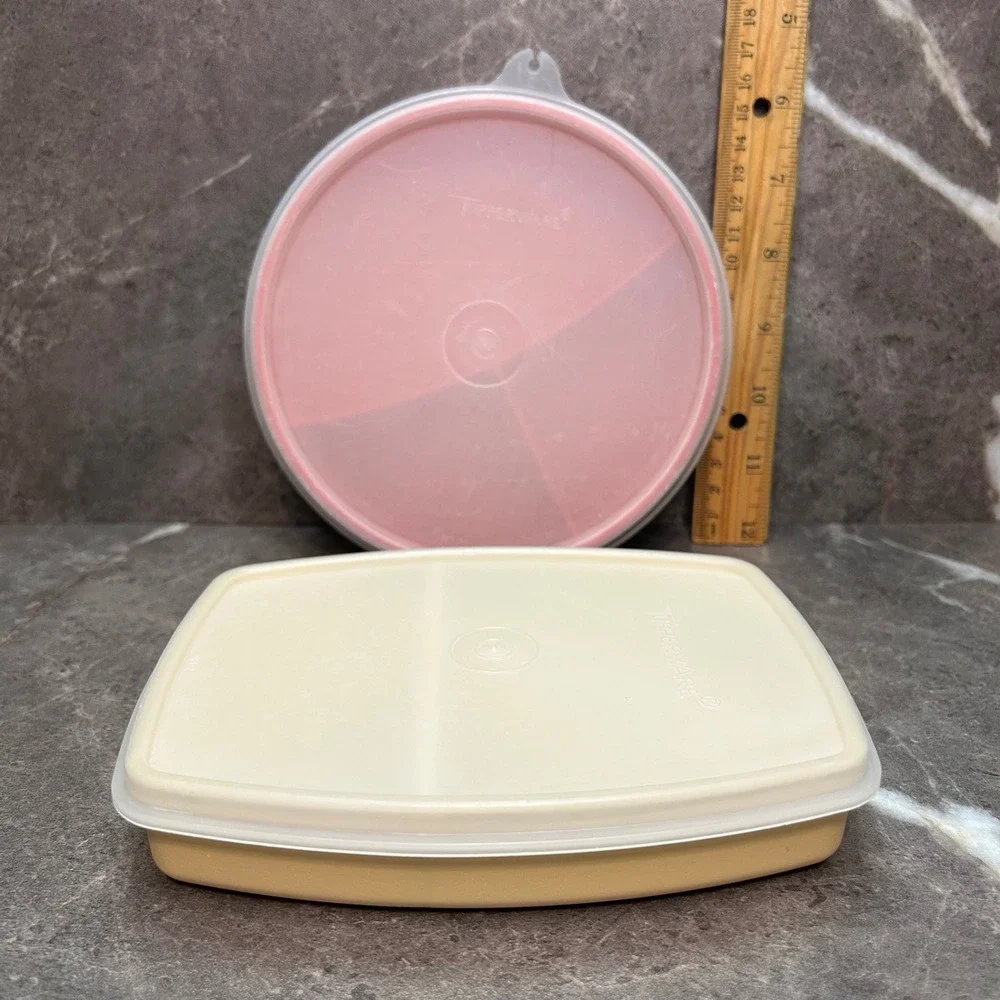 Vintage Tupperware Divided Food Storage Set Round Red Rectangular Gold 2pc Lot